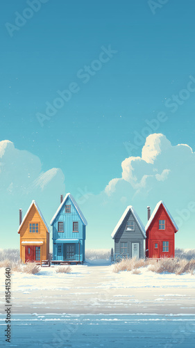 Colorful houses in a winter landscape under a bright blue sky