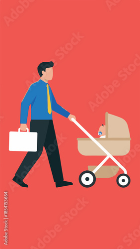 Father with briefcase pushing baby stroller, illustrating work-life balance