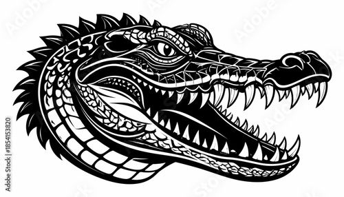 Detailed black and white vector illustration of an alligator head with open mouth.