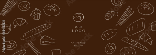 Hand drawn illustration of Bakery. Bread, loaf, baguette, bakery products, cinnabon, croissant. Abstract geometric line background. Web banner.