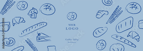 Hand drawn illustration of Bakery. Bread, loaf, baguette, bakery products, cinnabon, croissant. Abstract geometric line background. Web banner.