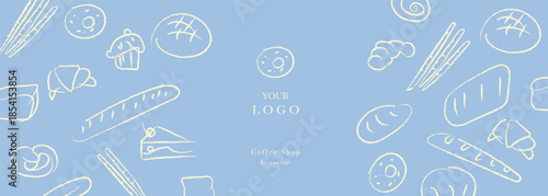 Hand drawn illustration of Bakery. Bread, loaf, baguette, bakery products, cinnabon, croissant. Abstract geometric line background. Web banner.