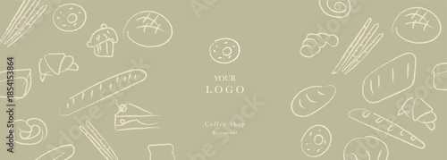 Hand drawn illustration of Bakery. Bread, loaf, baguette, bakery products, cinnabon, croissant. Abstract geometric line background. Web banner.