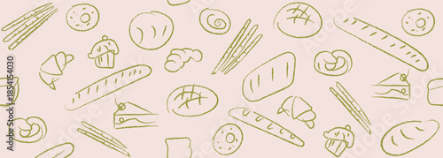 Hand drawn illustration of Bakery. Bread, loaf, baguette, bakery products, cinnabon, croissant. Abstract geometric line background. Web banner.