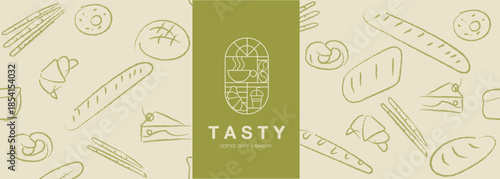 Hand drawn illustration of Bakery. Bread, loaf, baguette, bakery products, cinnabon, croissant. Abstract geometric line background. Web banner.