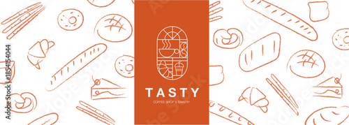 Hand drawn illustration of Bakery. Bread, loaf, baguette, bakery products, cinnabon, croissant. Abstract geometric line background. Web banner.