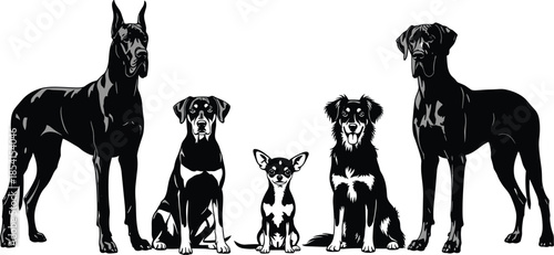 Dog breeds, pet diversity, Great Dane, Chihuahua, Border Collie, canine illustration, animal comparison, dog lineup, flat vector illustration