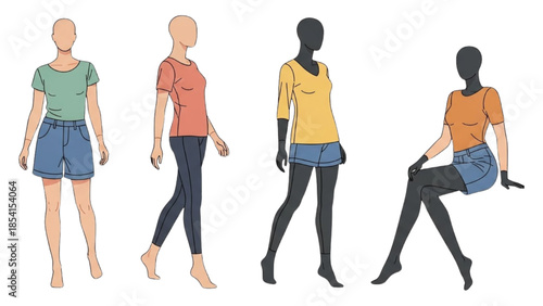 A series of illustrations depicting a woman in various poses and outfits