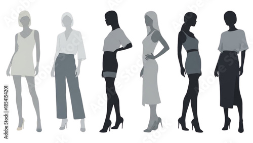 Diverse group of women silhouetted in various stylish outfits standing confidently against a white background