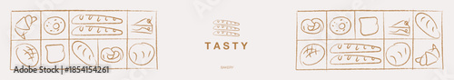Hand drawn illustration of Bakery. Bread, loaf, baguette, bakery products, cinnabon, croissant. Abstract geometric line background. Web banner.