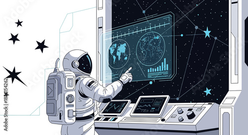 Astronaut interacting with advanced space station interface for monitoring earth parameters