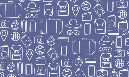 hand drawn travel pattern with white travel elements on a blue background, featuring suitcase, camera, passport, and globe for wallpaper, fabric, and background design