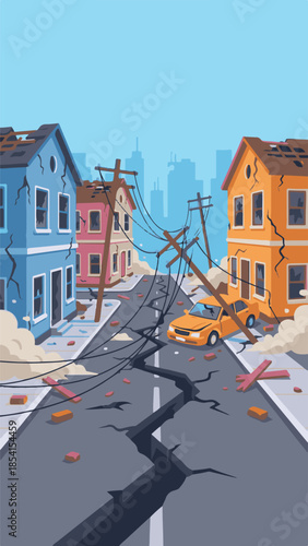 Damaged city street after earthquake with destroyed buildings and car