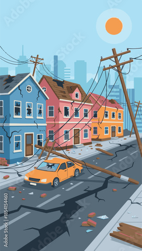 Aftermath of an earthquake with damaged houses and cracked road