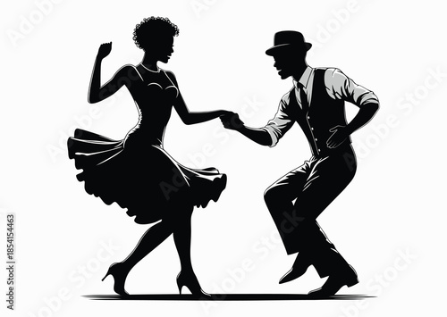 African American couple dancing boogie woogie, black and white vector silhouette