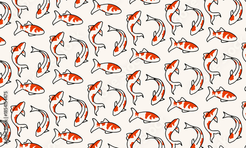 A handdrawn pattern illustration of orange koi fish with white stroke on a dark white background. This pattern is suitable for textile, wrapping paper, wallpaper, background, and other projects