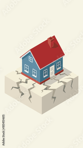 Isometric house on cracked ground illustrating instability and property risk