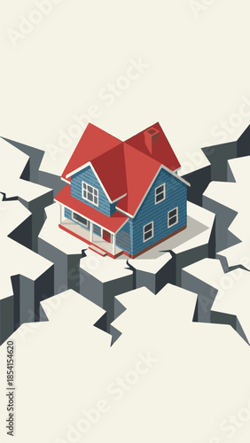Home on cracked ground, symbolizing real estate crisis or risk