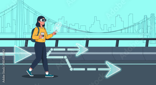 Augmented reality exploration: A woman immerses in digital cityscape with futuristic headset