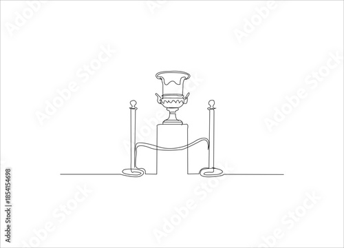 single continuous line drawing of a rare clay vase or pot on a display stand, with velvet ropes in front of it. 