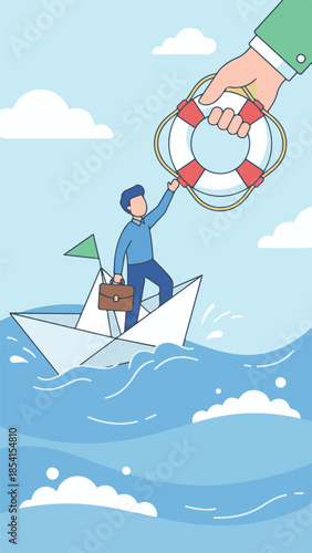 Businessman in paper boat receiving lifebuoy, concept of crisis support