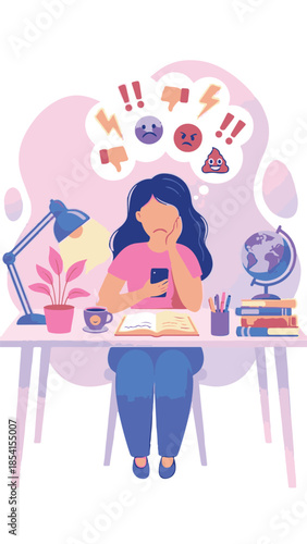 Distressed young woman holding phone, thinking about online negativity