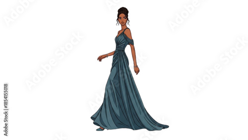 A woman wearing a long blue dress walking