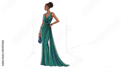 Illustration of a woman wearing a long green dress holding a blue clutch