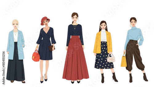 A fashion illustration featuring five women showcasing stylish clothing and accessories from different viewpoints.