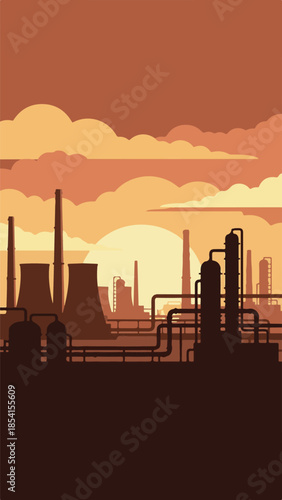 Industrial factory landscape with smokestacks and pipes at sunset