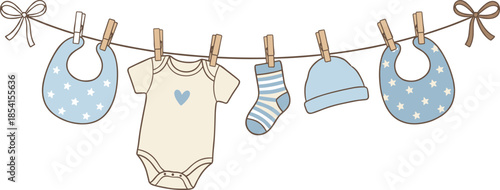 Baby clothesline illustration, bibs, onesie, socks, hat, nursery decor, pastel baby shower theme, flat vector design