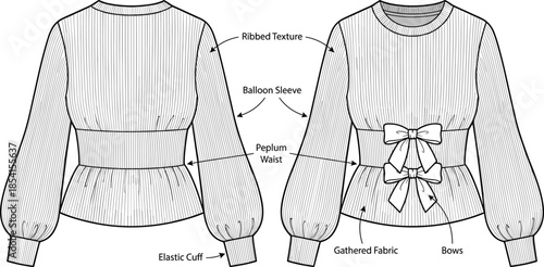 Blouse fashion sketch, balloon sleeve, peplum waist, ribbed texture, bows, elastic cuff, garment design breakdown, flat vector illustration
