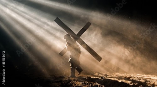 A long road recedes into the distance as a wooden cross is carried in silhouette. Dust glows in slanting rays of light, conveying solemn weight, reverence, sacrifice, and quiet nobility.
