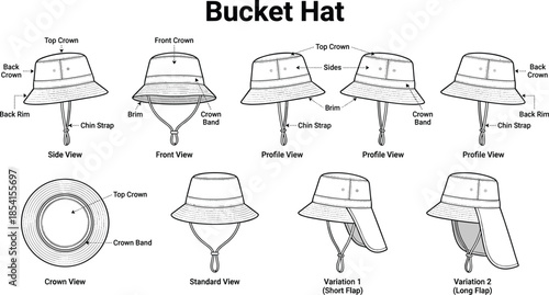 Bucket hat technical diagram, labeled parts, crown, brim, strap, flap variations, multi-view breakdown, fashion sketch, flat vector illustration