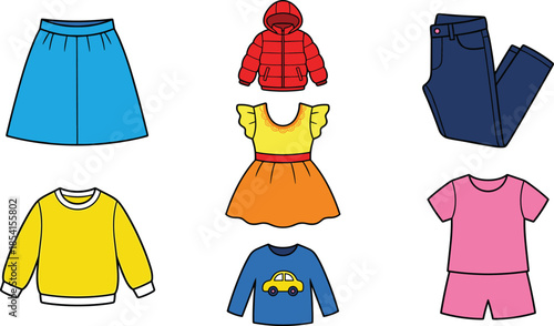 Children’s clothing grid illustration, jackets, shirts, pants, dresses, skirt, sweatshirt, playful fashion set, flat vector design