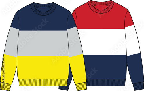 Color-blocked sweaters illustration, red blue yellow gray bands, fashion styling variation, casual knitwear design, flat vector artwork