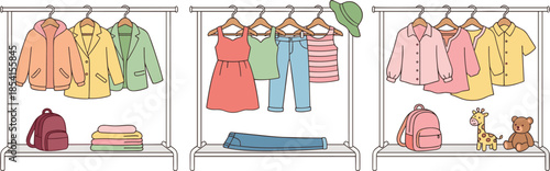Children’s clothing rack illustration, jackets, dresses, shirts, backpacks, plush toys, organized wardrobe display, flat vector design