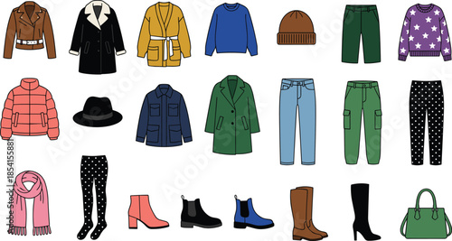 Fall and winter fashion grid illustration, coats, boots, sweaters, pants, hats, accessories, stylish seasonal wardrobe, flat vector design