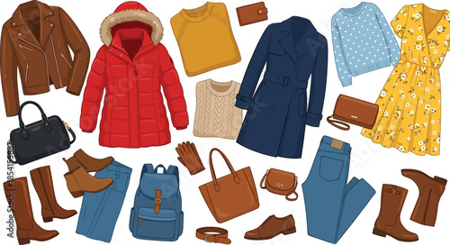 Fall and winter fashion flat lay illustration, coats sweaters boots bags accessories, seasonal wardrobe set, vector design