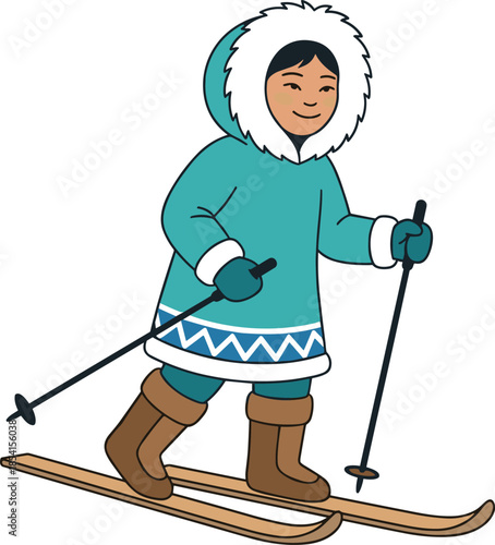 Traditional winter clothing skier, teal parka with fur hood, cultural snow activity illustration, cold climate fashion, flat vector illustration