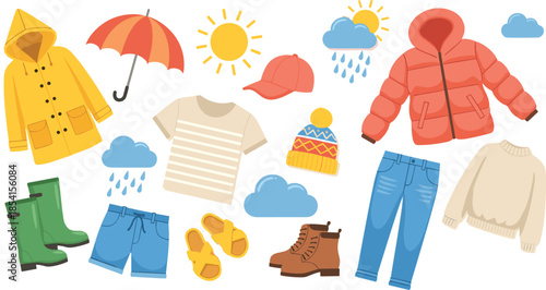 Weather clothing collection, raincoat, boots, jeans, sweater, jacket, umbrella, sun, clouds, seasonal outfit guide, flat vector illustration