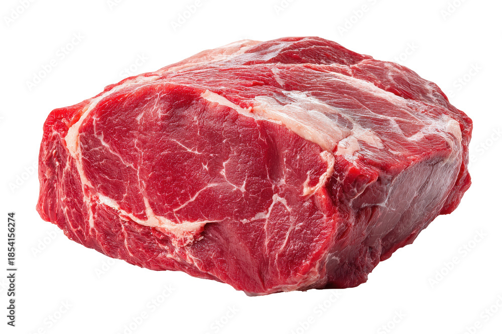 Fototapeta premium Raw beef chuck roast with marbling isolated on transparent background. Close-up raw beef ribeye steak marbled with fat isolated on white background.
