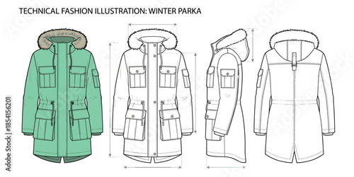 Winter parka technical sketch, front, side, back views, fur hood, drawstring, flap details, garment construction, flat vector illustration