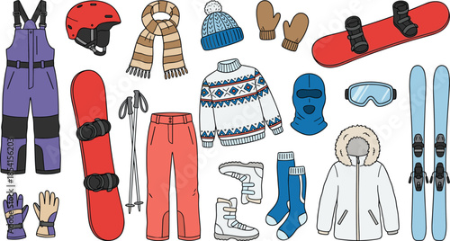 Winter sports clothing and equipment illustration, ski snowboard gear, jackets goggles boots poles mittens, flat vector design set