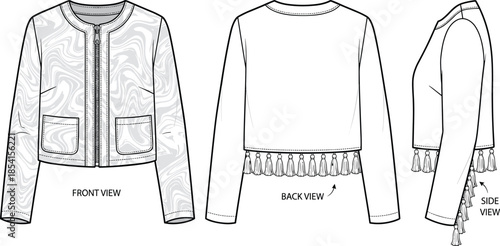 Women’s jacket technical sketch, cropped length, zipper front, patch pockets, fringe hem, multi-view garment layout, flat vector illustration