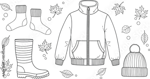 Autumn clothing line art, jacket, boot, socks, knit hat, fall leaves, seasonal outfit sketch, black and white, flat vector illustration
