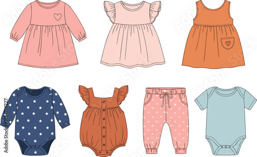 Baby clothes collection, dresses, onesies, rompers, pants, cute infant fashion, toddler outfit set, nursery wardrobe, flat vector illustration