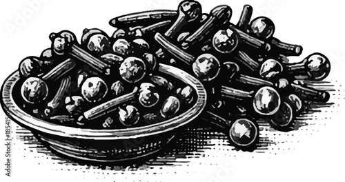 Dried Cloves Spice in Bowl Illustration Black and White