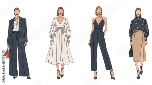 Fashion illustrations of diverse women's clothing styles showcasing modern formal and casual wear