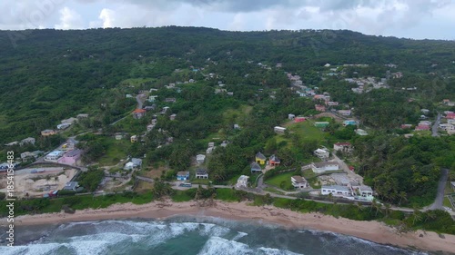 Bathsheba Beach aerial view including mushroom rock in village of Bathsheba, Saint Joseph, Barbados. 